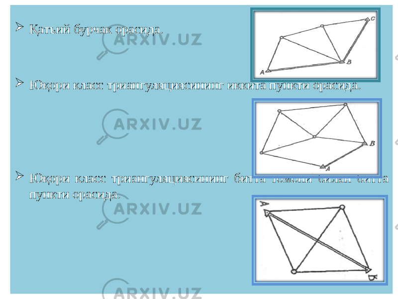 SXAvaM AvaB 308-guruh Abdullayev Ulug&#39;bek  Қатъий бурчак орасида.  Юқори класс триангуляциясининг иккита пункти орасида.  Юқори класс триангуляциясининг битта томони билан битта пункти орасида. 