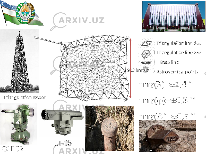 6Triangulation line 1 ord Triangulation line 2 ord Base-line Astronomical points rms(λ)=±0.4 &#39;&#39; rms(φ)=±0.3 &#39;&#39; rms(А)=±0.5 &#39;&#39; OT-02 H-05 200 km Triangulation tower 