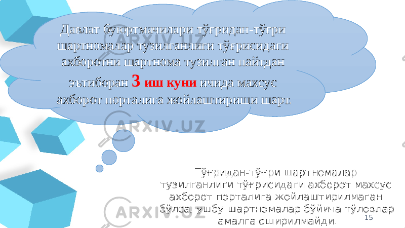 15Давлат буюртмачилари тўғридан-тўғри шартномалар тузилганлиги тўғрисидаги ахборотни шартнома тузилган пайтдан эътиборан 3 иш куни ичида махсус ахборот порталига жойлаштириши шарт. Тўғридан-тўғри шартномалар тузилганлиги тўғрисидаги ахборот махсус ахборот порталига жойлаштирилмаган бўлса, ушбу шартномалар бўйича тўловлар амалга оширилмайди. 