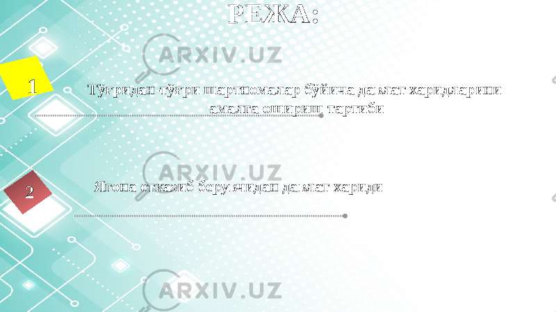 РЕЖА: Ягона етказиб берувчидан давлат хариди 2 Тўғридан-тўғри шартномалар бўйича давлат харидларини амалга ошириш тартиби1 