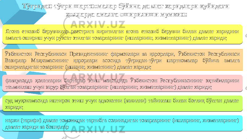 Тўғридан-тўғри шартномалар бўйича давлат харидлари қуйидаги ҳолларда амалга оширилиши мумкин: Ўзбекистон Республикаси Президентининг фармонлари ва қарорлари, Ўзбекистон Республикаси Вазирлар Маҳкамасининг қарорлари асосида тўғридан-тўғри шартномалар бўйича амалга ошириладиган товарнинг (ишнинг, хизматнинг) давлат хариди; Ягона етказиб берувчилар реестрига киритилган ягона етказиб берувчи билан давлат харидини амалга ошириш учун рухсат этилган товарларнинг (ишларнинг, хизматларнинг) давлат хариди; фавқулодда ҳолатларни бартараф этиш мақсадида Ўзбекистон Республикасининг эҳтиёжларини таъминлаш учун зарур бўлган товарларнинг (ишларнинг, хизматларнинг) давлат хариди; суд муҳокамасида иштирок этиш учун адвокатни (вакилни) тайинлаш билан боғлиқ бўлган давлат хариди; нархи (тарифи) давлат томонидан тартибга солинадиган товарларнинг (ишларнинг, хизматларнинг) давлат хариди ва бошқалар2A 020B 26 05 0E 1E 0F 18 