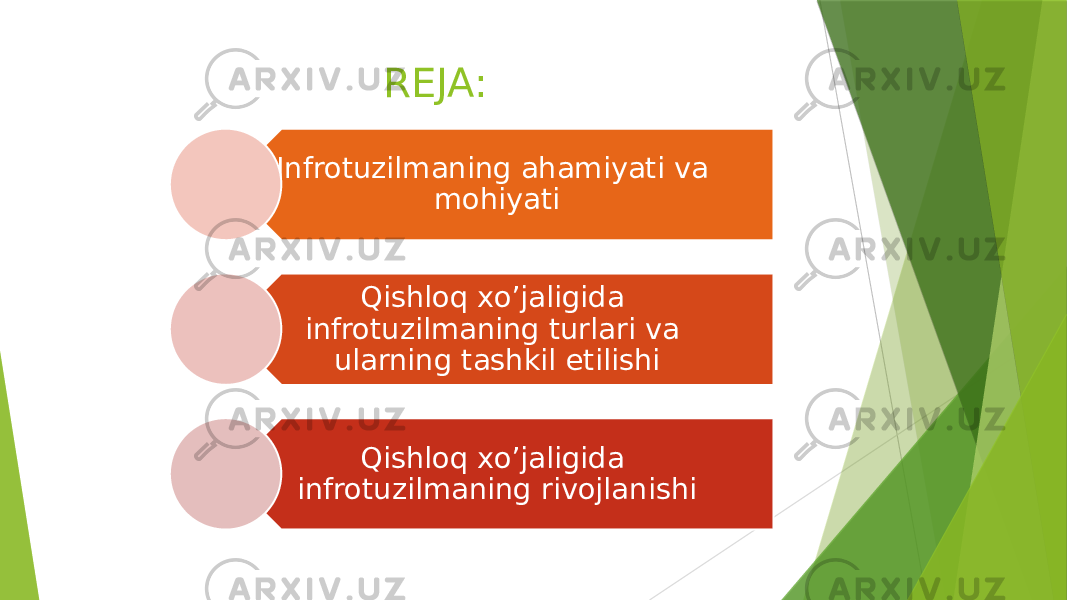 REJA: Infrotuzilmaning ahamiyati va mohiyati Qishloq xo’jaligida infrotuzilmaning turlari va ularning tashkil etilishi Qishloq xo’jaligida infrotuzilmaning rivojlanishi 