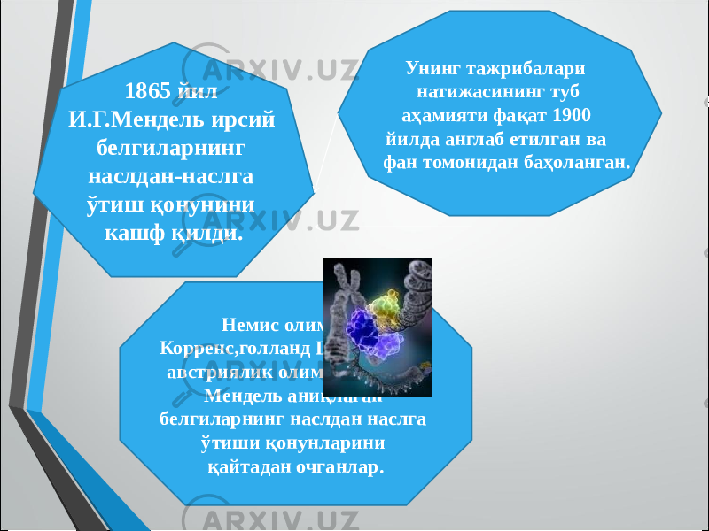 1865 йил И.Г.Мендель ирсий белгиларнинг наслдан-наслга ўтиш қонунини кашф қилди. Немис олими К. Корренс,голланд Г.де Фриз ва австриялик олим Э. Чермак Мендель аниқлаган белгиларнинг наслдан наслга ўтиши қонунларини қайтадан очганлар. Унинг тажрибалари натижасининг туб аҳамияти фақат 1900 йилда англаб етилган ва фан томонидан баҳоланган. 