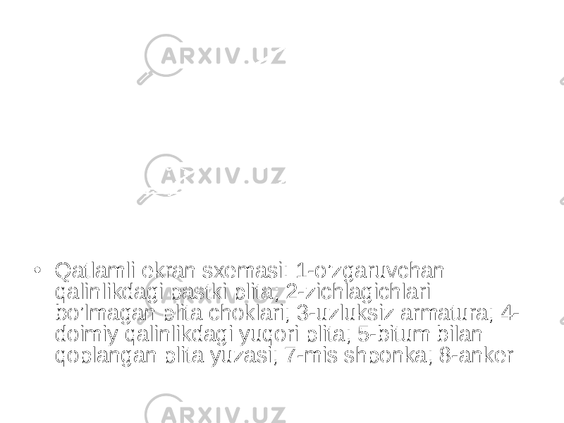 • Qatlamli ekran sxemasi: 1-o’zgaruvchan qalinlikdagi pastki plita; 2-zichlagichlari bo’lmagan plita choklari; 3-uzluksiz armatura; 4- doimiy qalinlikdagi yuqori plita; 5-bitum bilan qoplangan plita yuzasi; 7-mis shponka; 8-anker 