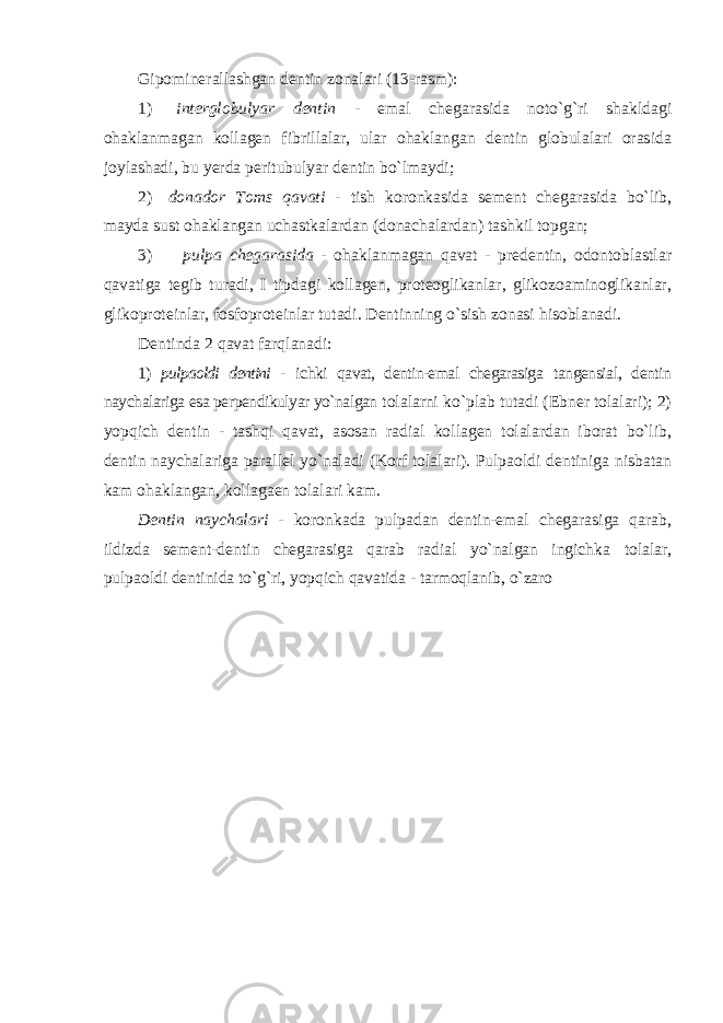 Gipominerallashgan dentin zonalari (13-rasm): 1) interglobulyar dentin - emal chegarasida noto`g`ri shakldagi ohaklanmagan kollagen fibrillalar, ular ohaklangan dentin globulalari orasida joylashadi, bu yerda peritubulyar dentin bo`lmaydi; 2) donador Toms qavati - tish koronkasida sement chegarasida bo`lib, mayda sust ohaklangan uchastkalardan (donachalardan) tashkil topgan; 3) pulpa chegarasida - ohaklanmagan qavat - predentin, odontoblastlar qavatiga tegib turadi, I tipdagi kollagen, proteoglikanlar, glikozoaminoglikanlar, glikoproteinlar, fosfoproteinlar tutadi. Dentinning o`sish zonasi hisoblanadi. Dentinda 2 qavat farqlanadi: 1) pulpaoldi dentini - ichki qavat, dentin-emal chegarasiga tangensial, dentin naychalariga esa perpendikulyar yo`nalgan tolalarni ko`plab tutadi (Ebner tolalari); 2) yopqich dentin - tashqi qavat, asosan radial kollagen tolalardan iborat bo`lib, dentin naychalariga parallel yo`naladi (Korf tolalari). Pulpaoldi dentiniga nisbatan kam ohaklangan, kollagaen tolalari kam. Dentin naychalari - koronkada pulpadan dentin-emal chegarasiga qarab, ildizda sement-dentin chegarasiga qarab radial yo`nalgan ingichka tolalar, pulpaoldi dentinida to`g`ri, yopqich qavatida - tarmoqlanib, o`zaro 