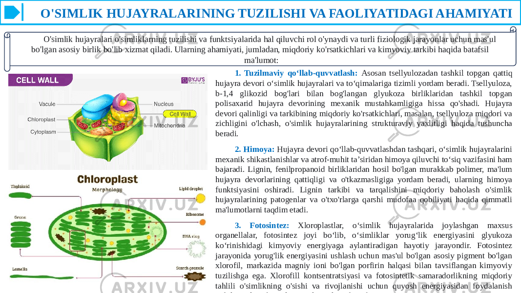  O&#39;SIMLIK HUJAYRALARINING TUZILISHI VA FAOLIYATIDAGI AHAMIYATI O&#39;simlik hujayralari o&#39;simliklarning tuzilishi va funktsiyalarida hal qiluvchi rol o&#39;ynaydi va turli fiziologik jarayonlar uchun mas&#39;ul bo&#39;lgan asosiy birlik bo&#39;lib xizmat qiladi. Ularning ahamiyati, jumladan, miqdoriy ko&#39;rsatkichlari va kimyoviy tarkibi haqida batafsil ma&#39;lumot: 1. Tuzilmaviy qo‘llab-quvvatlash: Asosan tsellyulozadan tashkil topgan qattiq hujayra devori o‘simlik hujayralari va to‘qimalariga tizimli yordam beradi. Tsellyuloza, b-1,4 glikozid bog&#39;lari bilan bog&#39;langan glyukoza birliklaridan tashkil topgan polisaxarid hujayra devorining mexanik mustahkamligiga hissa qo&#39;shadi. Hujayra devori qalinligi va tarkibining miqdoriy ko&#39;rsatkichlari, masalan, tsellyuloza miqdori va zichligini o&#39;lchash, o&#39;simlik hujayralarining strukturaviy yaxlitligi haqida tushuncha beradi. 2. Himoya: Hujayra devori qo‘llab-quvvatlashdan tashqari, o‘simlik hujayralarini mexanik shikastlanishlar va atrof-muhit ta’siridan himoya qiluvchi to‘siq vazifasini ham bajaradi. Lignin, fenilpropanoid birliklaridan hosil bo&#39;lgan murakkab polimer, ma&#39;lum hujayra devorlarining qattiqligi va o&#39;tkazmasligiga yordam beradi, ularning himoya funktsiyasini oshiradi. Lignin tarkibi va tarqalishini miqdoriy baholash o&#39;simlik hujayralarining patogenlar va o&#39;txo&#39;rlarga qarshi mudofaa qobiliyati haqida qimmatli ma&#39;lumotlarni taqdim etadi. 3. Fotosintez: Xloroplastlar, o‘simlik hujayralarida joylashgan maxsus organellalar, fotosintez joyi bo‘lib, o‘simliklar yorug‘lik energiyasini glyukoza ko‘rinishidagi kimyoviy energiyaga aylantiradigan hayotiy jarayondir. Fotosintez jarayonida yorug&#39;lik energiyasini ushlash uchun mas&#39;ul bo&#39;lgan asosiy pigment bo&#39;lgan xlorofil, markazida magniy ioni bo&#39;lgan porfirin halqasi bilan tavsiflangan kimyoviy tuzilishga ega. Xlorofill kontsentratsiyasi va fotosintetik samaradorlikning miqdoriy tahlili o&#39;simlikning o&#39;sishi va rivojlanishi uchun quyosh energiyasidan foydalanish qobiliyati haqida muhim ma&#39;lumotlarni beradi. 