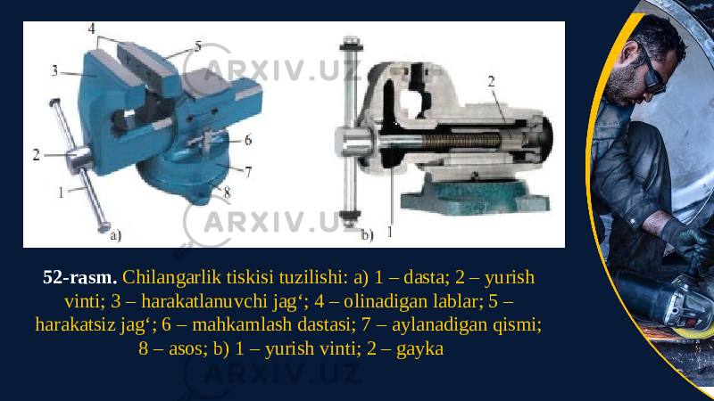 52-rasm. Chilangarlik tiskisi tuzilishi: a) 1 – dasta; 2 – yurish vinti; 3 – harakatlanuvchi jag‘; 4 – olinadigan lablar; 5 – harakatsiz jag‘; 6 – mahkamlash dastasi; 7 – aylanadigan qismi; 8 – asos; b) 1 – yurish vinti; 2 – gayka 