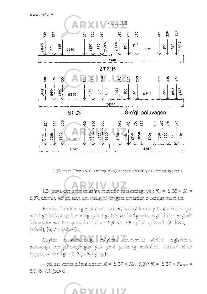 www.arxiv.uz 2ТE10M 1.12 - rasm. Тemir yo’l tarmog’idagi harakat tarkibi yuklarining sxemasi 1.3 - jadvaldan aniqlanishiga muvofiq harakatdagi yuk K o = 5,06 < K = 5,32, demak, ko’prikdan uni tezligini chegaralamasdan o’tkazish mumkin. Harakat tarkibining maksimal sinfi K o ballast korita plitasi uchun shpal ostidagi ballast qatlamining qalinligi 50 sm bo’lganda, tegishlicha vagonli lokomotiv va transporterlar uchun 6,9 va 7,8 qabul qilinadi (2 - ilova, 1 - jadval), [6, 7.1 - jadval]. Quyida mustahkamligi bo’yicha elementlar sinfini tegishlicha harakatga mo’ljallanayotgan yuk yoki yukning maksimal sinflari bilan taqqoslash berilgan (1.3 - jadvalga q.): – ballast korita plitasi uchun K = 5,32 < K o = 5,37; K = 5,32 < K o,max = 6,9 [6, 7.1-jadval] ; 