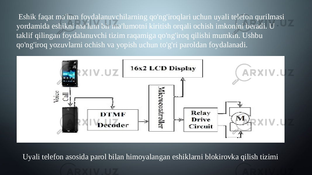  Eshik faqat ma&#39;lum foydalanuvchilarning qo&#39;ng&#39;iroqlari uchun uyali telefon qurilmasi yordamida eshikni ma&#39;lum bir ma&#39;lumotni kiritish orqali ochish imkonini beradi. U taklif qilingan foydalanuvchi tizim raqamiga qo&#39;ng&#39;iroq qilishi mumkin. Ushbu qo&#39;ng&#39;iroq yozuvlarni ochish va yopish uchun to&#39;g&#39;ri paroldan foydalanadi. Uyali telefon asosida parol bilan himoyalangan eshiklarni blokirovka qilish tizimi 