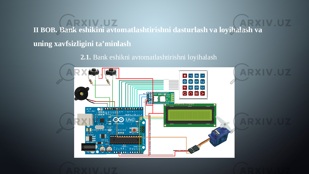 II BOB . Bank eshikini avtomatlashtirishni dasturlash va loyihalash va uning xavfsizligini ta’minlash 2.1. Bank eshikni avtomatlashtirishni loyihalash 