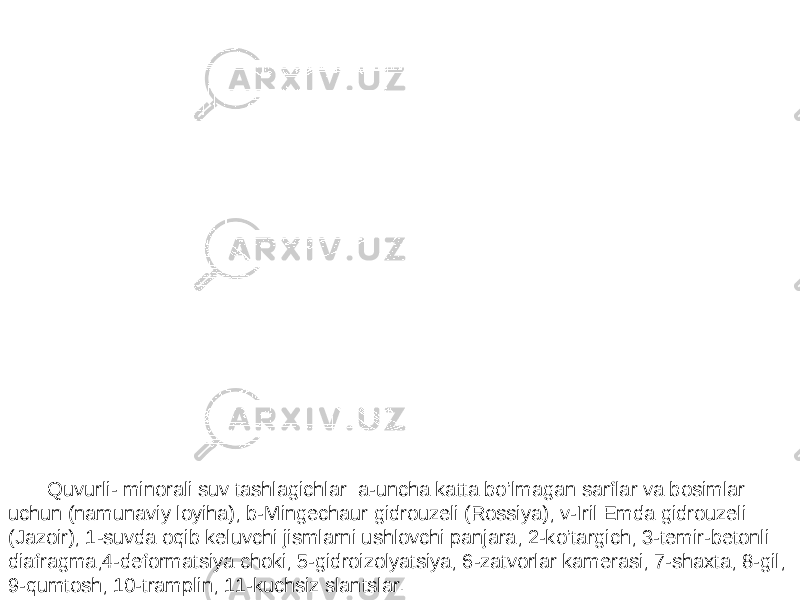 Quvurli- minorali suv tashlagichlar: a-uncha katta bo’lmagan sarflar va bosimlar uchun (namunaviy loyiha); b-Mingechaur gidrouzeli (Rossiya); v-Iril Emda gidrouzeli (Jazoir); 1-suvda oqib keluvchi jismlarni ushlovchi panjara; 2-ko’targich; 3-temir-betonli diafragma;4-deformatsiya choki; 5-gidroizolyatsiya; 6-zatvorlar kamerasi; 7-shaxta; 8-gil; 9-qumtosh; 10-tramplin; 11-kuchsiz slantslar. 