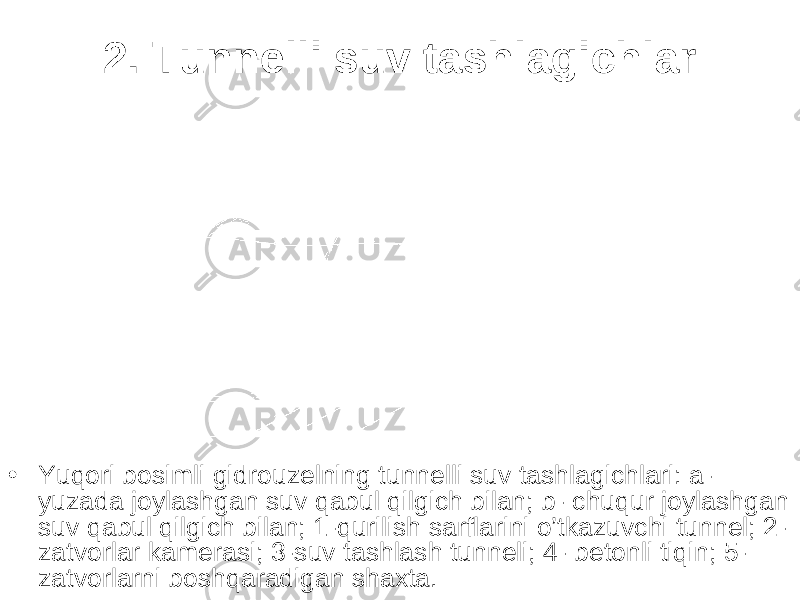 2. Tunnelli suv tashlagichlar • Yuqori bosimli gidrouzelning tunnelli suv tashlagichlari: a- yuzada joylashgan suv qabul qilgich bilan; b- chuqur joylashgan suv qabul qilgich bilan; 1-qurilish sarflarini o’tkazuvchi tunnel; 2- zatvorlar kamerasi; 3-suv tashlash tunneli; 4- betonli tiqin; 5- zatvorlarni boshqaradigan shaxta. 