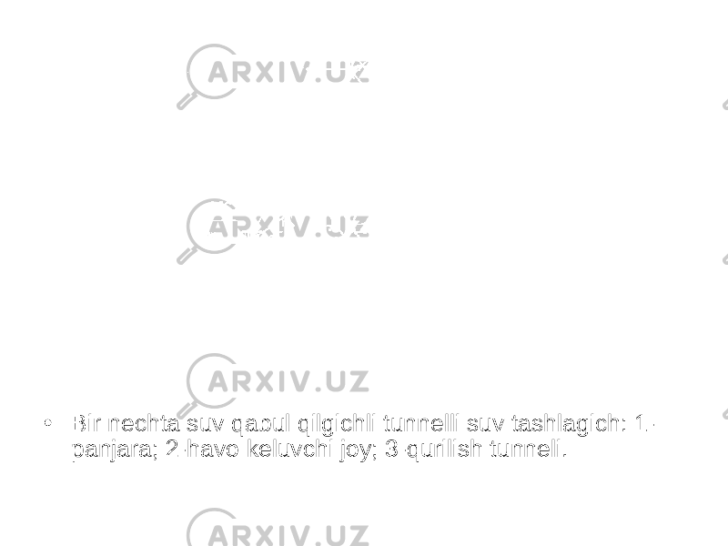 • Bir nechta suv qabul qilgichli tunnelli suv tashlagich: 1- panjara; 2-havo keluvchi joy; 3-qurilish tunneli. 