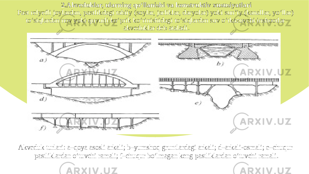 Akveduk turlari: a–qoya asosli arkali; b–yumshoq gruntlardagi arkali; d–arkali-osmali; e–chuqur pastliklardan o‘tuvchi ramali; f–chuqur bo‘lmagan keng pastliklardan o‘tuvchi ramali. 2.Akveduklar, ularning qo‘llanishi va konstruktiv xususiyatlari Past relyefli joylardan, pastlikdagi tabiiy (soylar, jarliklar, daryolar) yoki sun’iy (kanallar, yo‘llar) to‘siqlardan nov yoki quvurli ko‘prik ko‘rinishidagi to‘siqlardan suv o‘tkazuvchi inshootlar akveduklar deb ataladi. 