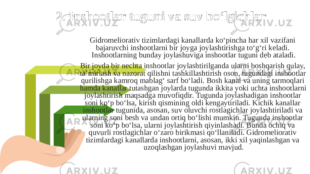 2. Inshootlar tuguni va suv bo‘lgichlar Gidromeliorativ tizimlardagi kanallarda ko‘pincha har xil vazifani bajaruvchi inshootlarni bir joyga joylashtirishga to‘g‘ri keladi. Inshootlarning bunday joylashuviga inshootlar tuguni deb ataladi. Bir joyda bir nechta inshootlar joylashtirilganda ularni boshqarish qulay, ta’mirlash va nazorat qilishni tashkillashtirish oson, tugundagi inshootlar qurilishga kamroq mablag‘ sarf bo‘ladi. Bosh kanal va uning tarmoqlari hamda kanallar tutashgan joylarda tugunda ikkita yoki uchta inshootlarni joylashtirish maqsadga muvofiqdir. Tugunda joylashadigan inshootlar soni ko‘p bo‘lsa, kirish qismining oldi kengaytiriladi. Kichik kanallar inshootlar tugunida, asosan, suv oluvchi rostlagichlar joylashtiriladi va ularning soni besh va undan ortiq bo‘lishi mumkin. Tugunda inshootlar soni ko‘p bo‘lsa, ularni joylashtirish qiyinlashadi. Bunda ochiq va quvurli rostlagichlar o‘zaro birikmasi qo‘llaniladi. Gidromeliorativ tizimlardagi kanallarda inshootlarni, asosan, ikki xil yaqinlashgan va uzoqlashgan joylashuvi mavjud. 