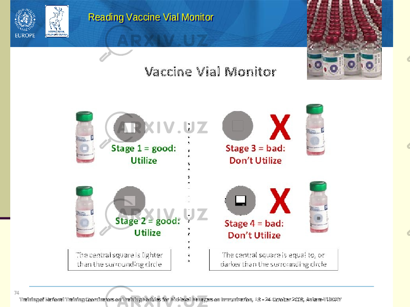 Training of National Training Coordinators on Training Modules for Mid -level Managers on Immunization, 19 –24 October 200 9, Ankara -TURKEY 74 Reading Vaccine Vial MonitorReading Vaccine Vial Monitor 