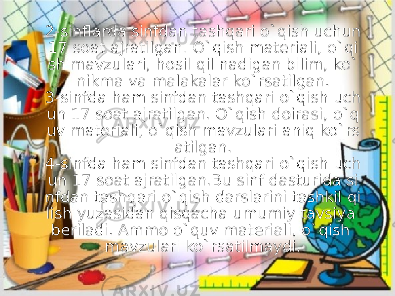 2-sinflarda sinfdan tashqari o`qish uchun 17 soat ajratilgan. O`qish materiali, o`qi sh mavzulari, hosil qilinadigan bilim, ko` nikma va malakalar ko`rsatilgan. 3-sinfda ham sinfdan tashqari o`qish uch un 17 soat ajratilgan. O`qish doirasi, o`q uv materiali, o`qish mavzulari aniq ko`rs atilgan. 4-sinfda ham sinfdan tashqari o`qish uch un 17 soat ajratilgan.Bu sinf dasturida si nfdan tashqari o`qish darslarini tashkil qi lish yuzasidan qisqacha umumiy tavsiya beriladi. Ammo o`quv materiali, o`qish mavzulari ko`rsatilmaydi. 