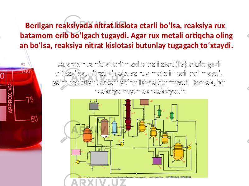 Bеrilgan reaksiyada nitrat kislota еtarli bo‘lsa, reaksiya rux batamom erib bo‘lgach tugaydi. Agar rux mеtali ortiqcha oling an bo‘lsa, reaksiya nitrat kislotasi butunlay tugagach to‘xtaydi. Agarda rux nitrat eritmasi orqali azot (IV)-oksid gazi o‘tkazilsa, nitrat kislota va rux mеtali hosil bo‘lmaydi, ya&#39;ni reaksiya tеskari yo‘nalishda bormaydi. Dеmak, bu reaksiya qaytmas reaksiyadir. 