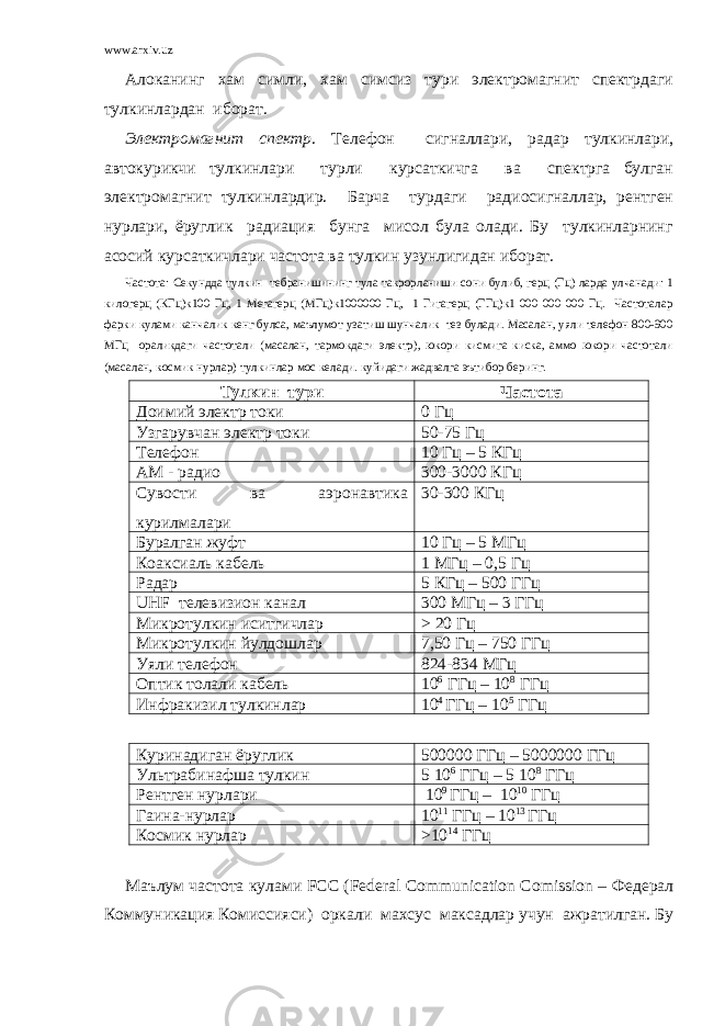 www.arxiv.uz Алоканинг хам симли, хам симсиз тури электромагнит спектрдаги тулкинлардан иборат. Электромагнит спектр . Телефон сигналлари, радар тулкинлари, автокурикчи тулкинлари турли курсаткичга ва спектрга булган электромагнит тулкинлардир. Барча турдаги радиосигналлар, рентген нурлари, ёруглик радиация бунга мисол була олади. Бу тулкинларнинг асосий курсаткичлари частота ва тулкин узунлигидан иборат. Частота: Секундда тулкин тебранишининг тула такрорланиши сони булиб, герц (Гц) ларда улчанади: 1 килогерц (КГц)к100 Гц, 1 Мегагерц (МГц)к1000000 Гц, 1 Гигагерц (ГГц)к1 000 000 000 Гц. Частоталар фарки кулами канчалик кенг булса, маълумот узатиш шунчалик тез булади. Масалан, уяли телефон 800-900 МГц ораликдаги частотали (масалан, тармокдаги электр), юкори кисмига киска, аммо юкори частотали (масалан, космик нурлар) тулкинлар мос келади. куйидаги жадвалга эътибор беринг. Тулкин тури Частота Доимий электр токи 0 Гц Узгарувчан электр токи 50-75 Гц Телефон 10 Гц – 5 КГц АМ - радио 300-3000 КГц Сувости ва аэронавтика курилмалари 30-300 КГц Буралган жуфт 10 Гц – 5 МГц Коаксиаль кабель 1 МГц – 0,5 Гц Радар 5 КГц – 500 ГГц UHF телевизион канал 300 МГц – 3 ГГц Микротулкин иситгичлар > 20 Гц Микротулкин йулдошлар 7,50 Гц – 750 ГГц Уяли телефон 824-834 МГц Оптик толали кабель 10 6 ГГц – 10 8 ГГц Инфракизил тулкинлар 10 4 ГГц – 10 5 ГГц Куринадиган ёруглик 500000 ГГц – 5000000 ГГц Ультрабинафша тулкин 5 10 6 ГГц – 5 10 8 ГГц Рентген нурлари 10 9 ГГц – 10 10 ГГц Гаина-нурлар 10 11 ГГц – 10 13 ГГц Космик нурлар >10 14 ГГц Маълум частота кулами FCC ( Federal Communication Comission – Федерал Коммуникация Комиссияси) оркали махсус максадлар учун ажратилган. Бу 