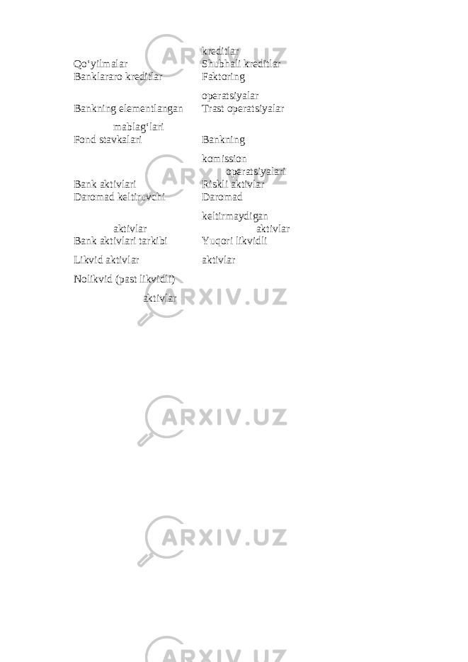 kreditlar Qo‘yilmalar Shubhali kreditlar Banklararo kreditlar Faktoring operatsiyalar Bankning elementlangan mablag‘lari Trast operatsiyalar Fond stavkalari Bankning komission operatsiyalari Bank aktivlari Riskli aktivlar Daromad keltiruvchi Daromad keltirmaydigan aktivlar aktivlar Bank aktivlari tarkibi Likvid aktivlar Nolikvid (past likvidli) aktivlar Yuqori likvidli aktivlar 