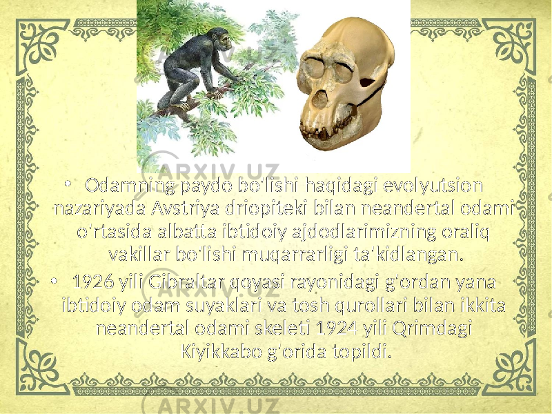• Odamning paydo bo&#39;lishi haqidagi evolyutsion nazariyada Avstriya driopiteki bilan neandertal odami o&#39;rtasida albatta ibtidoiy ajdodlarimizning oraliq vakillar bo&#39;lishi muqarrarligi ta&#39;kidlangan. • 1926 yili Gibraltar qoyasi rayonidagi g&#39;ordan yana ibtidoiy odam suyaklari va tosh qurollari bilan ikkita neandertal odami skeleti 1924 yili Qrimdagi Kiyikkabo g&#39;orida topildi. 
