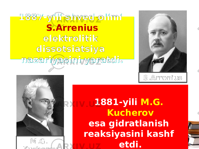 1887-yili shved olimi S.Arrenius elektrolitik dissotsiatsiya nazariyasini yaratdi. 1887-yili shved olimi S.Arrenius elektrolitik dissotsiatsiya nazariyasini yaratdi. 1881-yili M.G. Kucherov esa gidratlanish reaksiyasini kashf etdi. S.Arrenius M.G. Kucherov3F2201 1C 40 