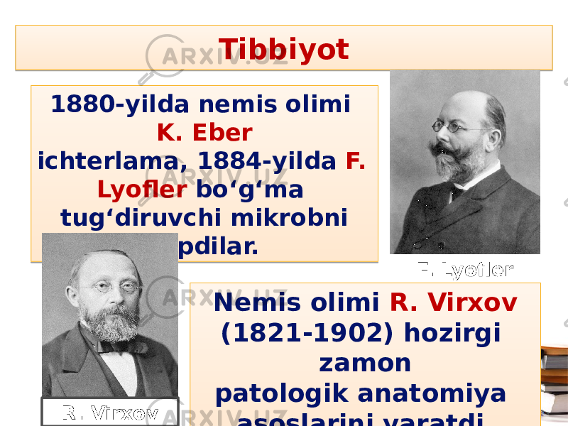 Tibbiyot 1880-yilda nemis olimi K. Eber ichterlama, 1884-yilda F. Lyofler bo‘g‘ma tug‘diruvchi mikrobni topdilar. Nemis olimi R. Virxov (1821-1902) hozirgi zamon patologik anatomiya asoslarini yaratdi. F. Lyofler R. Virxov 410309 2C 40 032514 45 24 09 08 08 21 2B 36 1A 320708 0712 2B 