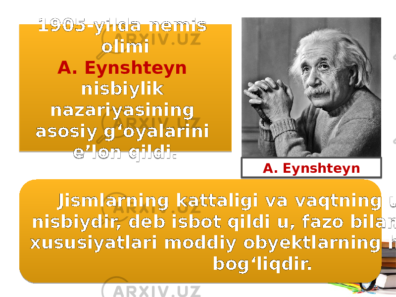 1905-yilda nemis olimi A. Eynshteyn nisbiylik nazariyasining asosiy g‘oyalarini e’lon qildi. Jismlarning kattaligi va vaqtning uzunligi nisbiydir, deb isbot qildi u, fazo bilan vaqtning xususiyatlari moddiy obyektlarning harakatiga bog‘liqdir. A. Eynshteyn 2C 0E0C 01 02 02 0712 1D3A 1303 02 15 090E172A 01 