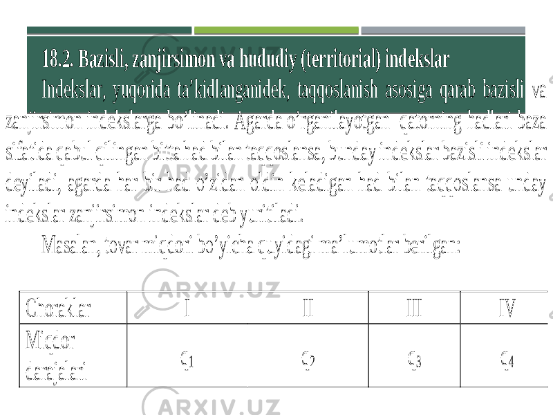 18.2. Bazisli, zanjirsimon va hududiy (territorial) indekslar Indekslar, yuqorida ta’kidlanganidek, taqqoslanish asosiga qarab bazisli va zanjirsimon indekslarga bo’linadi. Agarda o’rganilayotgan qatorning hadlari baza sifatida qabul qilingan bitta had bilan taqqoslansa, bunday indekslar bazisli indekslar deyiladi, agarda har bir had o’zidan oldin keladigan had bilan taqqoslansa unday indekslar zanjirsimon indekslar deb yuritiladi. Masalan, tovar miqdori bo’yicha quyidagi ma’lumotlar berilgan: Choraklar I II III IV Miqdor darajalari q 1 q 2 q 3 q 4 