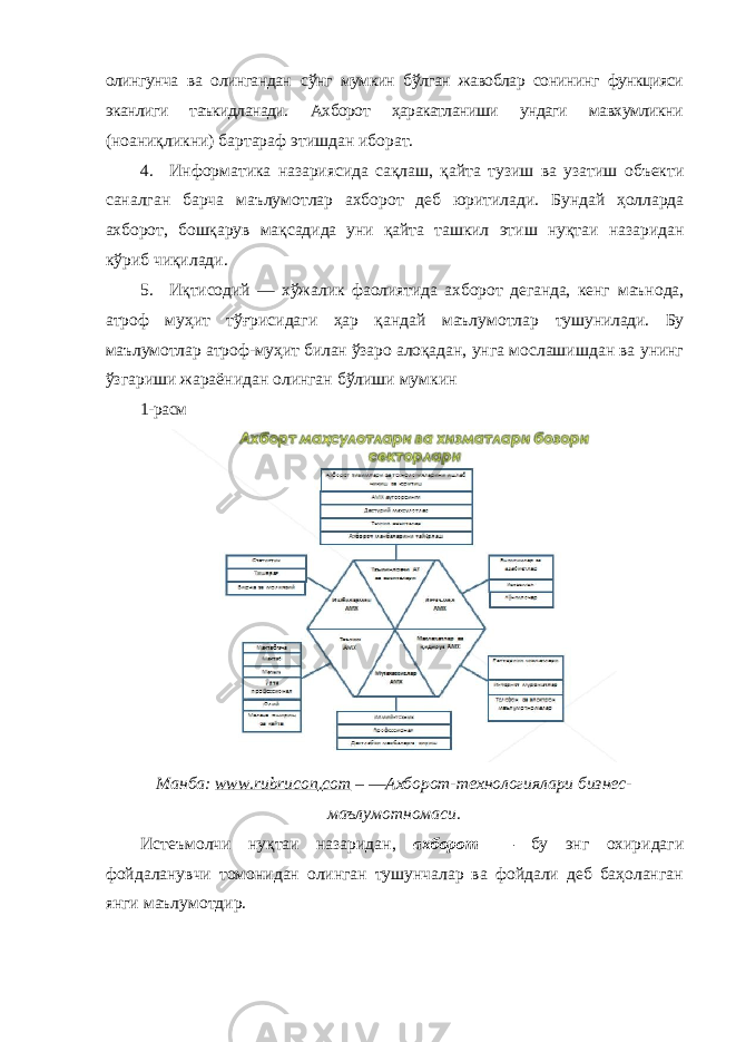 олингунча ва олингандан сўнг мумкин бўлган жавоблар сонининг функцияси эканлиги таъкидланади. Ахборот ҳаракатланиши ундаги мавхумликни (ноаниқликни) бартараф этишдан иборат. 4. Информатика назариясида сақлаш, қайта тузиш ва узатиш объекти саналган барча маълумотлар ахборот деб юритилади. Бундай ҳолларда ахборот, бошқарув мақсадида уни қайта ташкил этиш нуқтаи назаридан кўриб чиқилади. 5. Иқтисодий — хўжалик фаолиятида ахборот деганда, кенг маънода, атроф муҳит тўғрисидаги ҳар қандай маълумотлар тушунилади. Бу маълумотлар атроф-муҳит билан ўзаро алоқадан, унга мослашишдан ва унинг ўзгариши жараёнидан олинган бўлиши мумкин 1-расм Манба: www.rubrи con . com – ―Ахборот-технологиялари бизнес- маълумотномаси. Истеъмолчи нуқтаи назаридан, ахборот — бу энг охиридаги фойдаланувчи томонидан олинган тушунчалар ва фойдали деб баҳоланган янги маълумотдир. 