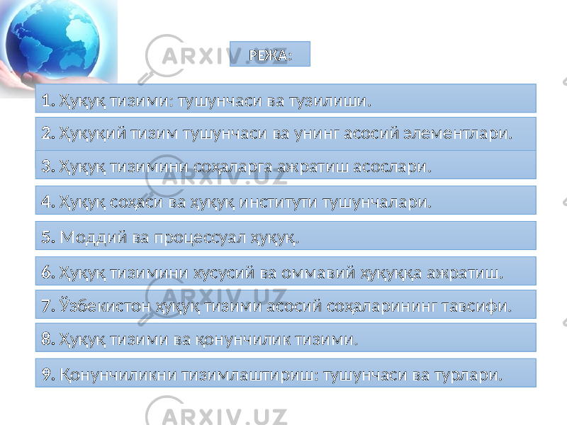 1. Ҳуқуқ тизими: тушунчаси ва тузилиши. 2. Ҳуқуқий тизим тушунчаси ва унинг асосий элементлари. 3. Ҳуқуқ тизимини соҳаларга ажратиш асослари. 4. Ҳуқуқ соҳаси ва ҳуқуқ институти тушунчалари. РЕЖА: 5. Моддий ва процессуал ҳуқуқ. 6. Ҳуқуқ тизимини хусусий ва оммавий ҳуқуққа ажратиш. 7. Ўзбекистон ҳуқуқ тизими асосий соҳаларининг тавсифи. 8. Ҳуқуқ тизими ва қонунчилик тизими. 9. Қонунчиликни тизимлаштириш: тушунчаси ва турлари. 