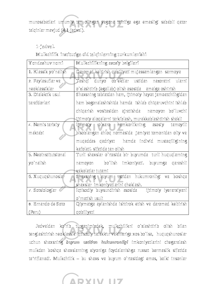 munosabatlari umumiy tan olingan yagona ta’rifga ega emasligi sababli qator talqinlar mavjud (4.1-jadval). 1- j adval. Mulkchilik institutiga oid talqinlarning turkumlanishi Yondashuv nomi Mulkchilikning asosiy belgilari 1. Klassik yo`nalish Daromad keltirish qobiliyati mujassamlangan sarmoya 2. Faylasuflar va neoklassik lar Tashqi dunyo ob’ektlar ustidan nazoratni ularni o`zlashtirib (egallab) olish asosida amalga oshirish 3. Dialektik usul tarafdorlari Shaxsning tabiatdan ham, ijtimoiy hayot jamoatchiligidan ham begonalashishida hamda ishlab chiqaruvchini ishlab chiqarish vositasidan ajratish da namoyon bo`luvchi ijtimoiy aloqalarni tarkiblash, murakkablashtirish shakli 4. Nemis tarix iy maktabi Ijtimoiy o`zaro hamkorlikning asosiy tamoyili hisoblangan ahloq normasi da jamiyat tomonidan oliy va muqaddas qadriyat hamda individ mustaqiligining kafolati . sifatida tan olish 5. Neoinstitutsional yo`nalish Turli shaxslar o`rtasida bir buyum da turli huquqlarni ng namoyon bo`lish imkoniyati. buyumga qarashli vakolatlar tutami 6. Xuquqshunoslar Shaxsning buyum ustidan hukumronligi va boshqa shaxslar imkoniyatlarini che k lash. 7. Sotsiologla r Iqtisodiy buysundirish asosida i jtimoiy iyerarxiyani o`rnatish usuli 8. Ernando de Soto ( Peru ) Qiymatga aylan ish da ishtirok etish va daromad keltirish qobiliyati Jadvaldan ko`rib turganimizdek, mulkchilikni o`zlashtirib olish bilan tenglashtirish neoklassik iqtisodiy tafakkur vakillariga xos bo`lsa, huquqshunoslar uchun shaxsning buyum ustidan hukumronligi imkoniyatlarini chegaralash mulkdan boshqa shaxslarning ziyoniga foydalanishga ruxsat bermaslik sifatida ta’riflanadi. Mulkchilik – bu shaxs va buyum o`rtasidagi emas, balki insonlar 