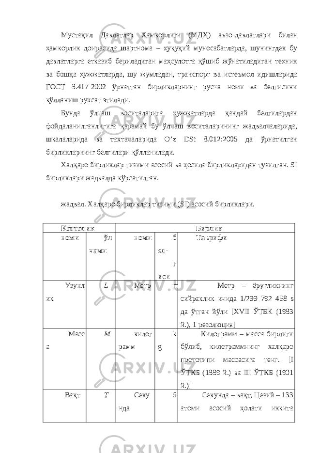 Мустақил Давлатлар Ҳамкорлиги (МДҲ) аъзо-давлатлари билан ҳамкорлик доирасида шартнома – ҳуқуқий муносабатларда, шунингдек бу давлатларга етказиб бериладиган маҳсулотга қўшиб жўнатиладиган техник ва бошқа ҳужжатларда, шу жумладан, транспорт ва истеъмол идишларида ГОСТ 8.417-2002 ўрнатган бирликларнинг русча номи ва белгисини қўлланиш рухсат этилади. Бунда ўлчаш воситаларига ҳужжатларда қандай белгилардан фойдаланилганлигига қарамай бу ўлчаш воситаларининг жадвалчаларида, шкалаларида ва тахтачаларида O’z DSt 8.012:2005 да ўрнатилган бирликларнинг белгилари қўлланилади. Халқаро бирликлар тизими асосий ва ҳосила бирликларидан тузилган. SI бирликлари жадвалда кўрсатилган. жадвал. Халқаро бирликлар тизими (SI) асосий бирликлари. Катталик Бирлик номи ўл чами номи б ел- г иси Таърифи Узунл ик L Метр m Метр – ёруғликнинг сийраклик ичида 1/299 792 458 s да ўтган йўли [XVII ЎТБК (1983 й.), 1 резолюция] Масс а M килог рамм k g Килограмм – масса бирлиги бўлиб, килограммнинг халқаро прототипи массасига тенг. [I ЎТКБ (1889 й.) ва III ЎТКБ (1901 й.)] Вақт T Секу нда S Секунда – вақт, Цезий – 133 атоми асосий ҳолати иккита 