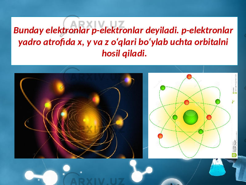 Bunday elektronlar p-elektronlar deyiladi. p-elektronlar yadro atrofida x, y va z o‘qlari bo‘ylab uchta orbitalni hosil qiladi. 