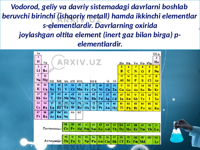 Vodorod, geliy va davriy sistemadagi davrlarni boshlab beruvchi birinchi (ishqoriy metall) hamda ikkinchi elementlar s-elementlardir. Davrlarning oxirida joylashgan oltita element (inert gaz bilan birga) p- elementlardir. 