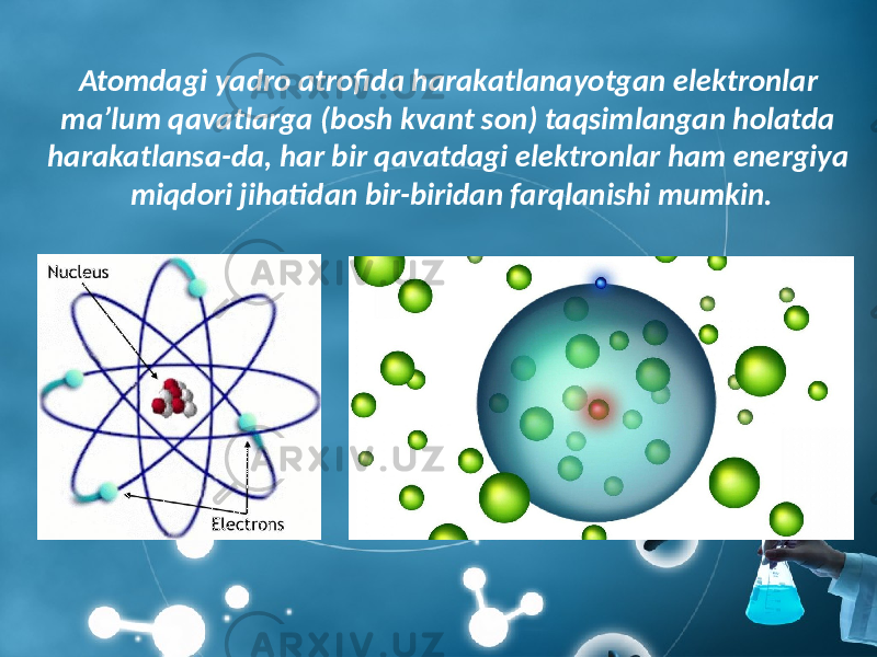 Atomdagi yadro atrofida harakatlanayotgan elektronlar ma’lum qavatlarga (bosh kvant son) taqsimlangan holatda harakatlansa-da, har bir qavatdagi elektronlar ham energiya miqdori jihatidan bir-biridan farqlanishi mumkin. 