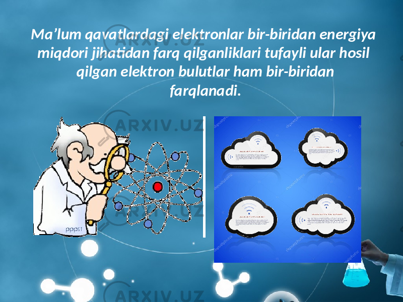 Ma’lum qavatlardagi elektronlar bir-biridan energiya miqdori jihatidan farq qilganliklari tufayli ular hosil qilgan elektron bulutlar ham bir-biridan farqlanadi. 