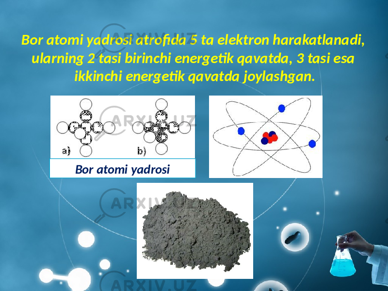 Bor atomi yadrosi atrofida 5 ta elektron harakatlanadi, ularning 2 tasi birinchi energetik qavatda, 3 tasi esa ikkinchi energetik qavatda joylashgan. Bor atomi yadrosi 