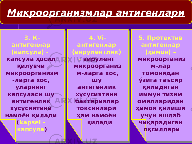  Микроорганизмлар антигенлари 3. К- антигенлар (капсула) - капсула ҳосил қилувчи микроорганизм -ларга хос, уларнинг капсуласи шу антигенлик хусусиятини намоён қилади ( kapsel - капсула ) 3. К- антигенлар (капсула) - капсула ҳосил қилувчи микроорганизм -ларга хос, уларнинг капсуласи шу антигенлик хусусиятини намоён қилади ( kapsel - капсула ) 5. Протектив антигенлар (ҳимоя) – микроорганиз м-лар томонидан ўзига таъсир қиладиган иммун тизим омилларидан ҳимоя қилиши учун ишлаб чиқарадиган оқсиллари 5. Протектив антигенлар (ҳимоя) – микроорганиз м-лар томонидан ўзига таъсир қиладиган иммун тизим омилларидан ҳимоя қилиши учун ишлаб чиқарадиган оқсиллари 4. Vi- антигенлар (вирулентлик) - вирулент микроорганиз м-ларга хос, шу антигенлик хусусиятини бактериялар токсинлари ҳам намоён қилади 4. Vi- антигенлар (вирулентлик) - вирулент микроорганиз м-ларга хос, шу антигенлик хусусиятини бактериялар токсинлари ҳам намоён қилади 