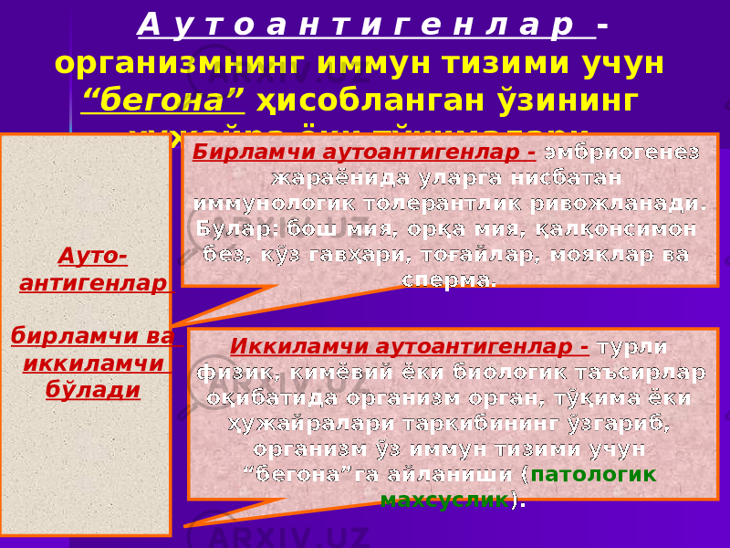 А у т о а н т и г е н л а р - организмнинг иммун тизими учун “бегона” ҳисобланган ўзининг ҳужайра ёки тўқималари. Бирламчи аутоантигенлар - эмбриогенез жараёнида уларга нисбатан иммунологик толерантлик ривожланади. Булар: бош мия, орқа мия, қалқонсимон без, кўз гавҳари, тоғайлар, мояклар ва сперма.Ауто- антигенлар бирламчи ва иккиламчи бўлади Иккиламчи аутоантигенлар - турли физик, кимёвий ёки биологик таъсирлар оқибатида организм орган, тўқима ёки ҳужайралари таркибининг ўзгариб, организм ўз иммун тизими учун “бегона”га айланиши ( патологик махсуслик ). 