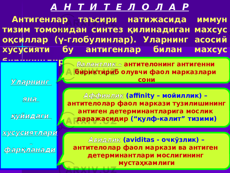 А Н Т И Т Е Л О Л А Р Антигенлар таъсири натижасида иммун тизим томонидан синтез қилинадиган махсус оқсиллар (γ-глобулинлар). Уларнинг асосий хусусияти бу антигенлар билан махсус бирикишдир. Уларнинг яна қуйидаги хусусиятлари фарқланади Валентлик – антителонинг антигенни бириктириб олувчи фаол марказлари сони Аффинлик (аffinity – мойиллик) – антителолар фаол маркази тузилишининг антиген детерминантларига мослик даражасидир (“қулф-калит” тизими) Авидлик (aviditas - очкўзлик) – антителолар фаол маркази ва антиген детерминантлари мослигининг мустаҳкамлиги 