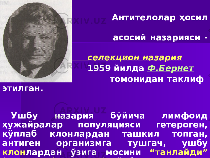  Антителолар ҳосил бўлиши асосий назарияси - клонал- селекцион назария 1959 йилда Ф.Бернет томонидан таклиф этилган. Ушбу назария бўйича лимфоид ҳужайралар популяцияси гетероген, кўплаб клонлардан ташкил топган, антиген организмга тушгач, ушбу клон лардан ўзига мосини “танлайди” (селекция) ва у кўпайиб, антителолар синтезини таъминлайди, шу тариқа иммун жавоб вужудга келади. 