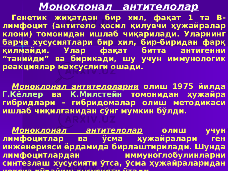 Моноклонал антителолар Генетик жиҳатдан бир хил, фақат 1 та В- лимфоцит (антитело ҳосил қилувчи ҳужайралар клони) томонидан ишлаб чиқарилади. Уларнинг барча хусусиятлари бир хил, бир-биридан фарқ қилмайди. Улар фақат битта антигенни “танийди” ва бирикади, шу учун иммунологик реакциялар махсуслиги ошади. Моноклонал антителоларни олиш 1975 йилда Г.Кёллер ва К.Милстейн томонидан ҳужайра гибридлари - гибридомалар олиш методикаси ишлаб чиқилганидан сўнг мумкин бўлди. Моноклонал антителолар олиш учун лимфоцитлар ва ўсма ҳужайралари ген инженерияси ёрдамида бирлаштирилади. Шунда лимфоцитлардан иммуноглобулинларни синтезлаш хусусияти ўтса, ўсма ҳужайраларидан чексиз кўпайиш хусусияти ўтади. 