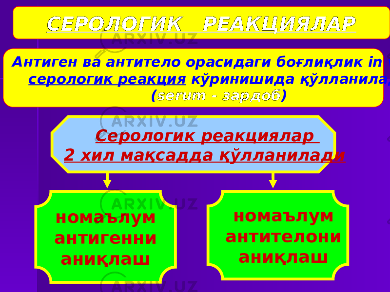 Серологик реакциялар 2 хил мақсадда қўлланиладиАнтиген ва антитело орасидаги боғлиқлик in vitro серологик реакция кўринишида қўлланилади ( serum - зардоб ) номаълум антигенни аниқлаш номаълум антителони аниқлашСЕРОЛОГИК РЕАКЦИЯЛАР 