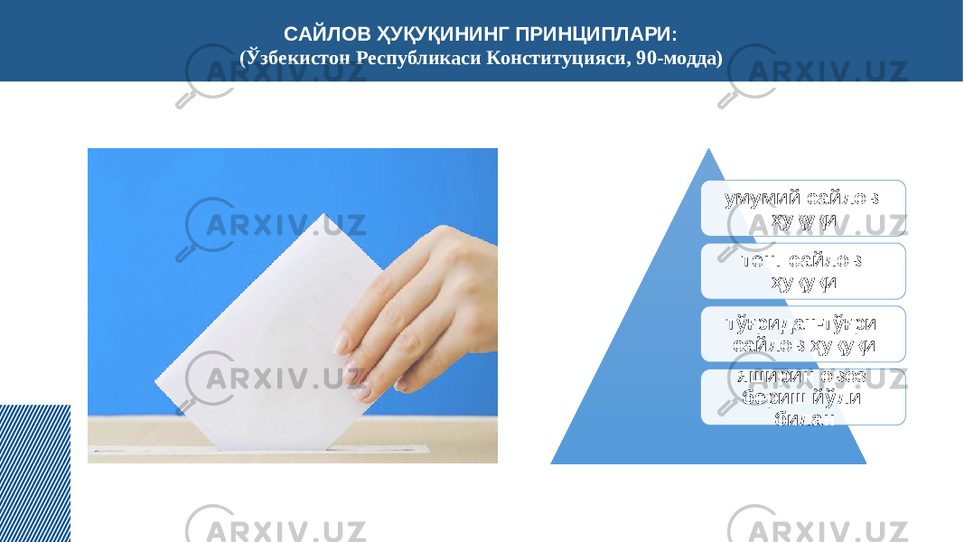 САЙЛОВ ҲУҚУҚИНИНГ ПРИНЦИПЛАРИ: (Ўзбекистон Республикаси Конституцияси, 90-модда) умумий сайлов ҳуқуқи тенг сайлов ҳуқуқи тўғридан-тўғри сайлов ҳуқуқи яширин овоз бериш йўли билан 