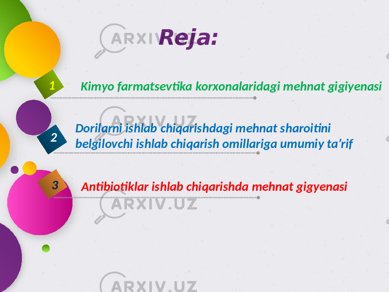 Reja: Kimyo farmatsevtika korxonalaridagi mehnat gigiyenasi 1 Dorilarni ishlab chiqarishdagi mehnat sharoitini belgilovchi ishlab chiqarish omillariga umumiy ta’rif 2 Antibiotiklar ishlab chiqarishda mehnat gigyenasi 3 