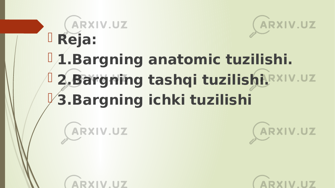  Reja:  1.Bargning anatomic tuzilishi.  2.Bargning tashqi tuzilishi.  3.Bargning ichki tuzilishi 