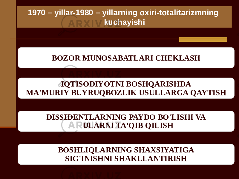 BOZOR MUNOSABATLARI CHEKLASH IQTISODIYOTNI BOSHQARISHDA MA&#39;MURIY BUYRUQBOZLIK USULLARGA QAYTISH DISSIDENTLARNING PAYDO BO&#39;LISHI VA ULARNI TA&#39;QIB QILISH BOSHLIQLARNING SHAXSIYATIGA SIG&#39;INISHNI SHAKLLANTIRISH1970 – yillar-1980 – yillarning oxiri-totalitarizmning kuchayishi 