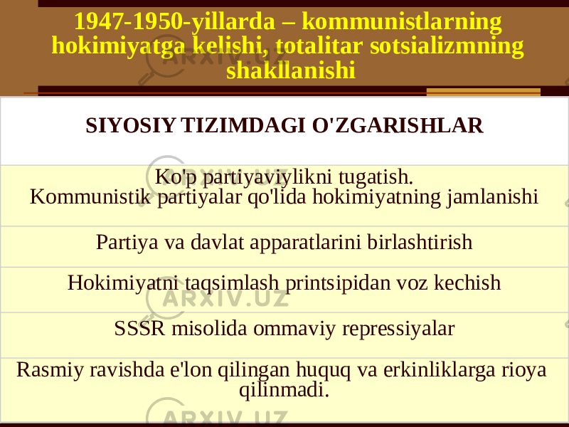 1947-1950-yillarda – kommunistlarning hokimiyatga kelishi, totalitar sotsializmning shakllanishi SIYOSIY TIZIMDAGI O&#39;ZGARISHLAR Ko&#39;p partiyaviylikni tugatish. Kommunistik partiyalar qo&#39;lida hokimiyatning jamlanishi Partiya va davlat apparatlarini birlashtirish Hokimiyatni taqsimlash printsipidan voz kechish SSSR misolida ommaviy repressiyalar Rasmiy ravishda e&#39;lon qilingan huquq va erkinliklarga rioya qilinmadi. 