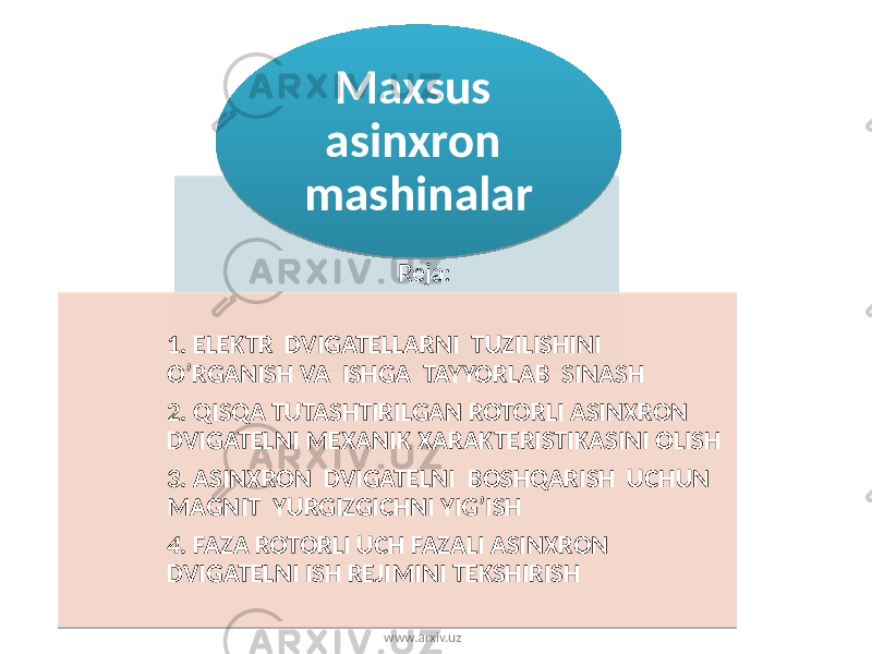 Reja: 1. ELEKTR DVIGATELLARNI TUZILISHINI O’RGANISH VA ISHGA TAYYORLAB SINASH 2. QISQA TUTASHTIRILGAN ROTORLI ASINXRON DVIGATELNI MEXANIK XARAKTERISTIKASINI OLISH 3. ASINXRON DVIGATELNI BOSHQARISH UCHUN MAGNIT YURGIZGICHNI YIG’ISH 4. FAZA ROTORLI UCH FAZALI ASINXRON DVIGATELNI ISH REJIMINI TEKSHIRISH Maxsus asinxron mashinalar www.arxiv.uz01 01 13 17 09 1B 1A 01 1D 09 1A 1F 27 